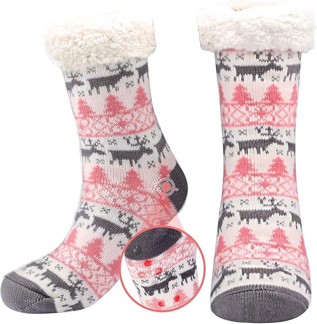 SRXWO Slipper Socks Women Non-Slip, Thermal Ladies Slipper Socks with Grippers for Women Size 4-7, Pink Fluffy Knitted Indoor Walking Fleece Lined Slipper Socks Cosy Winter Christmas Gifts for Girls