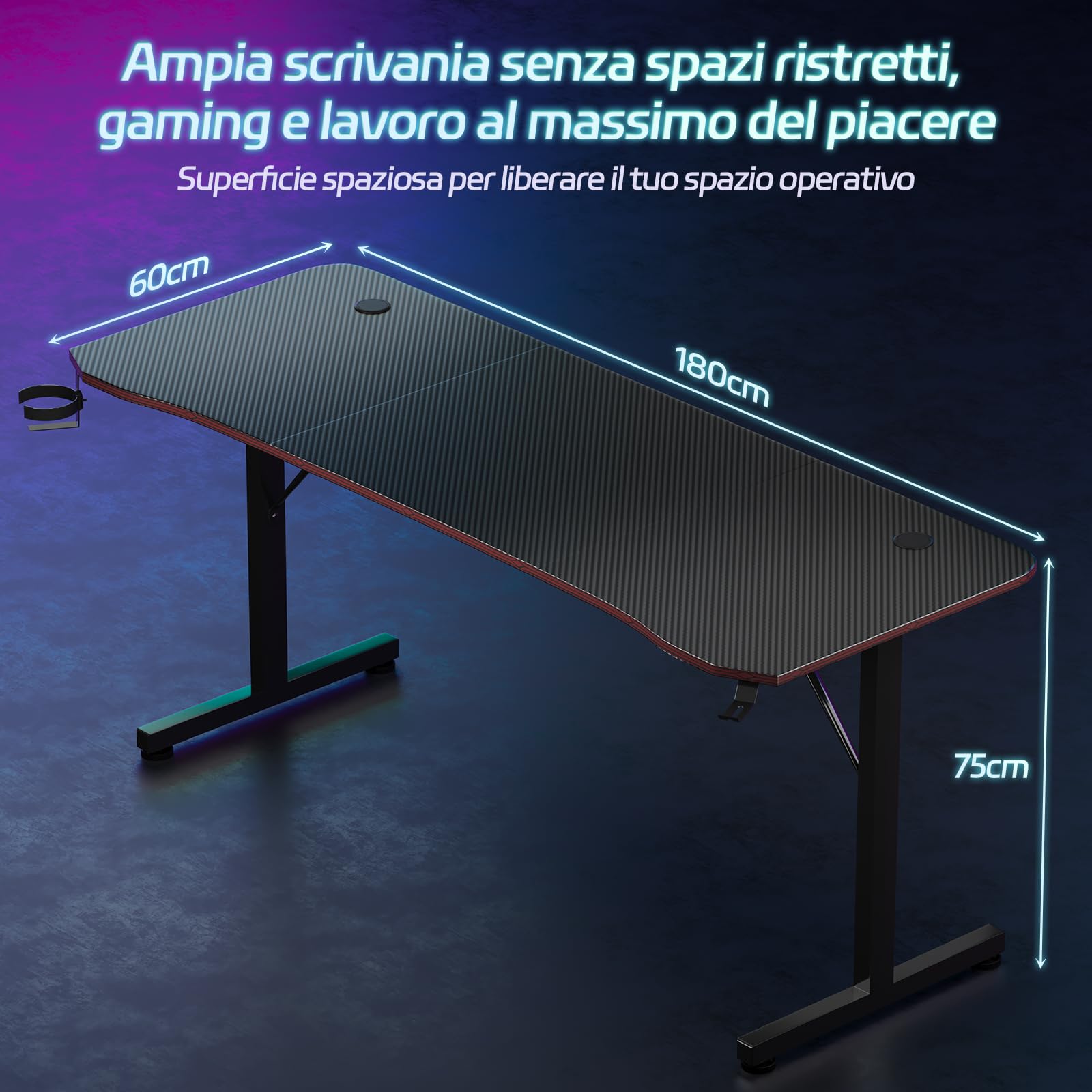 Devoko Scrivania Gaming 180 x 60 cm, Tavolo Gaming Ergonomica, Postazione con Piano del Tavolo in Fibra di Carbonio, Scrivania per Computer con Porta Bicchiere e Ganci per Cuffie, Nero