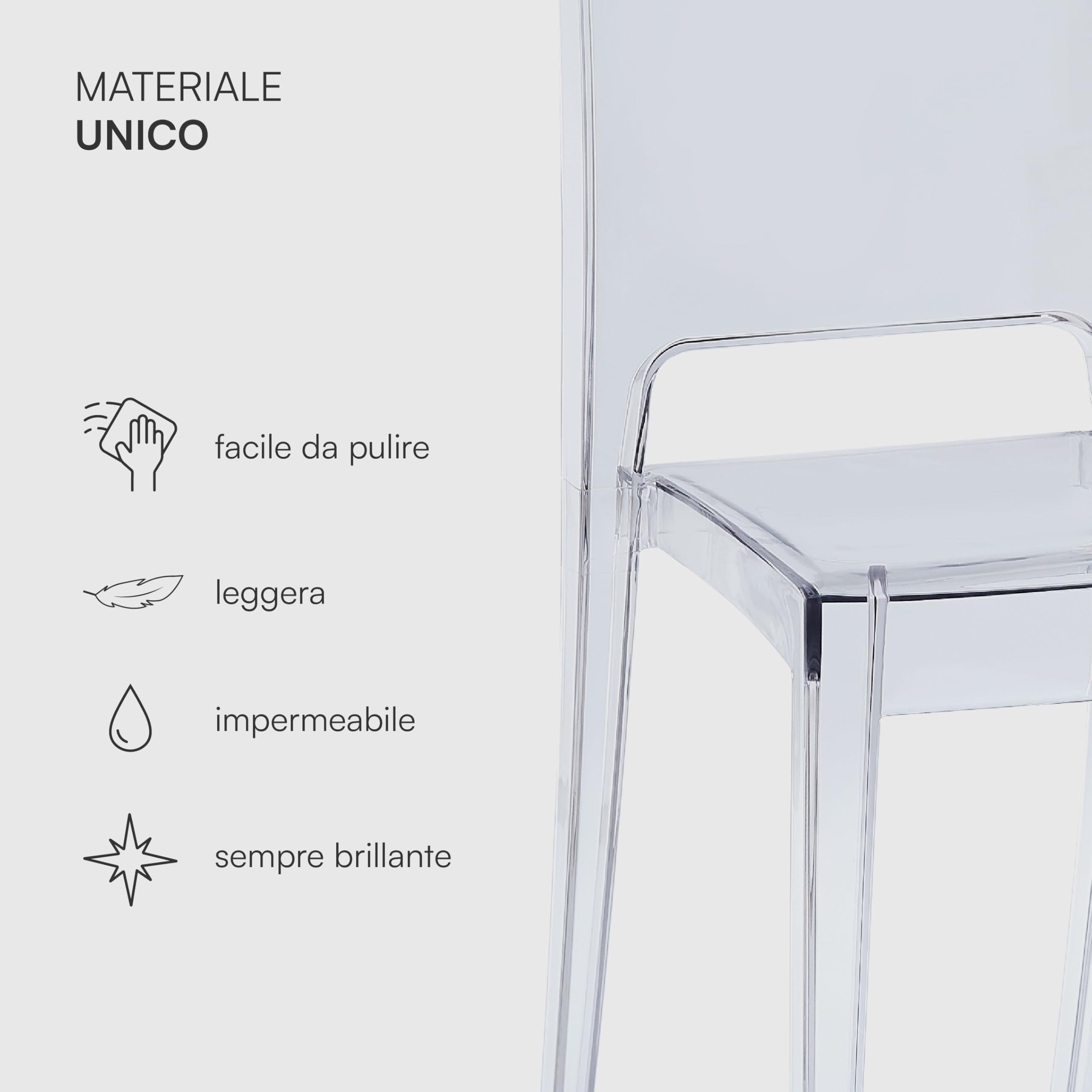 Baroni Home Set 4 Sedie Trasparenti, Sedie Impilabili Moderne, Leggere e Resistenti, Gommini Antiscivolo, Sala da Pranzo, 34,5x48,5x85 cm, Trasparente