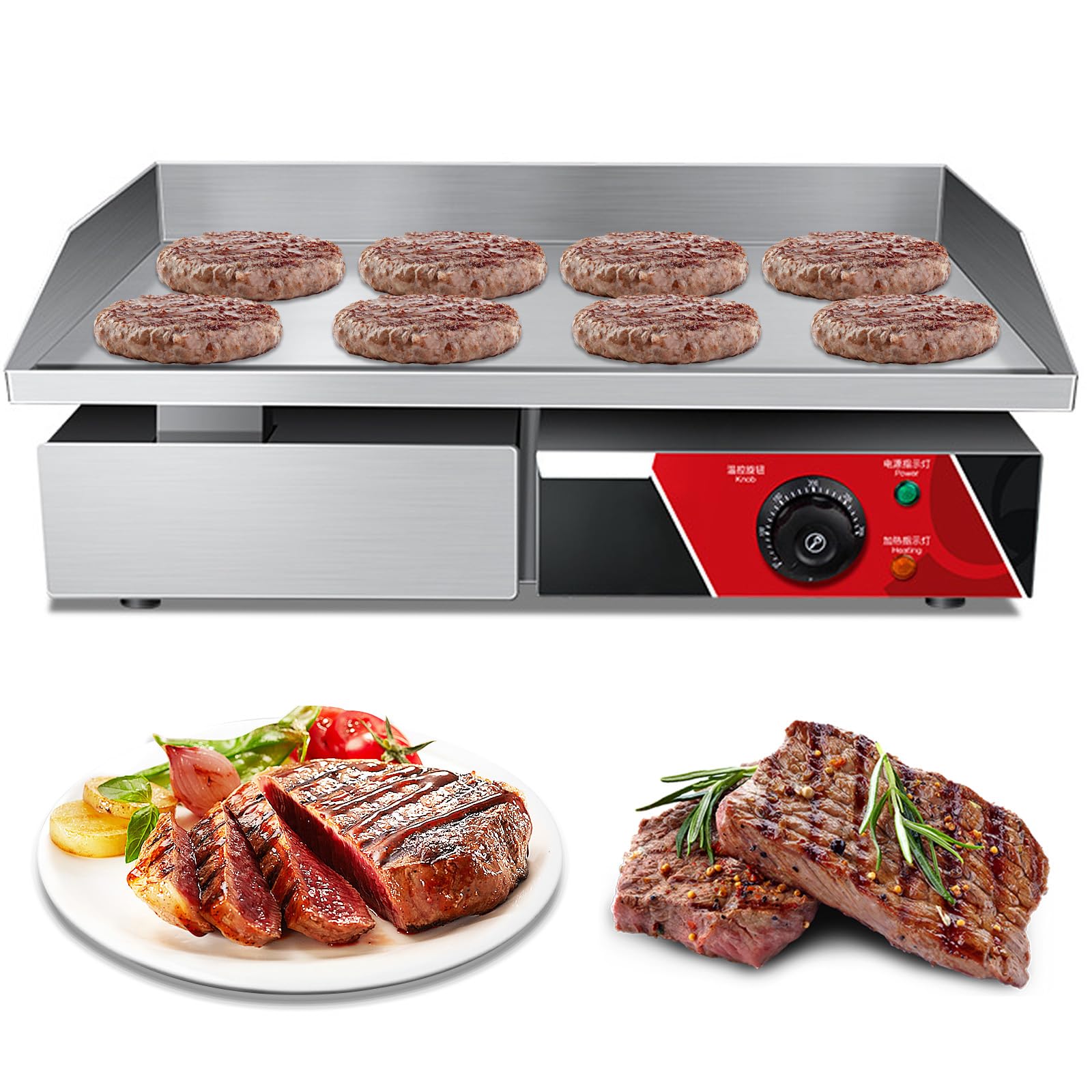 Plancha Eléctrica Pro Plancha De Hierro Fundido, Termostático De 50 A 300 °C, Antisalpicadura, Plancha Barbacoa Acero Inoxidable Superficie Lisa, Protector contra Salpicaduras,2900w
