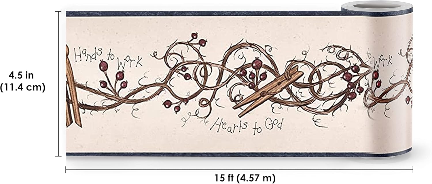 Clothes Pegs Clothespins on Vine Kitchen Bathroom Wallpaper Border Retro Design, Roll 15' x 4.5''