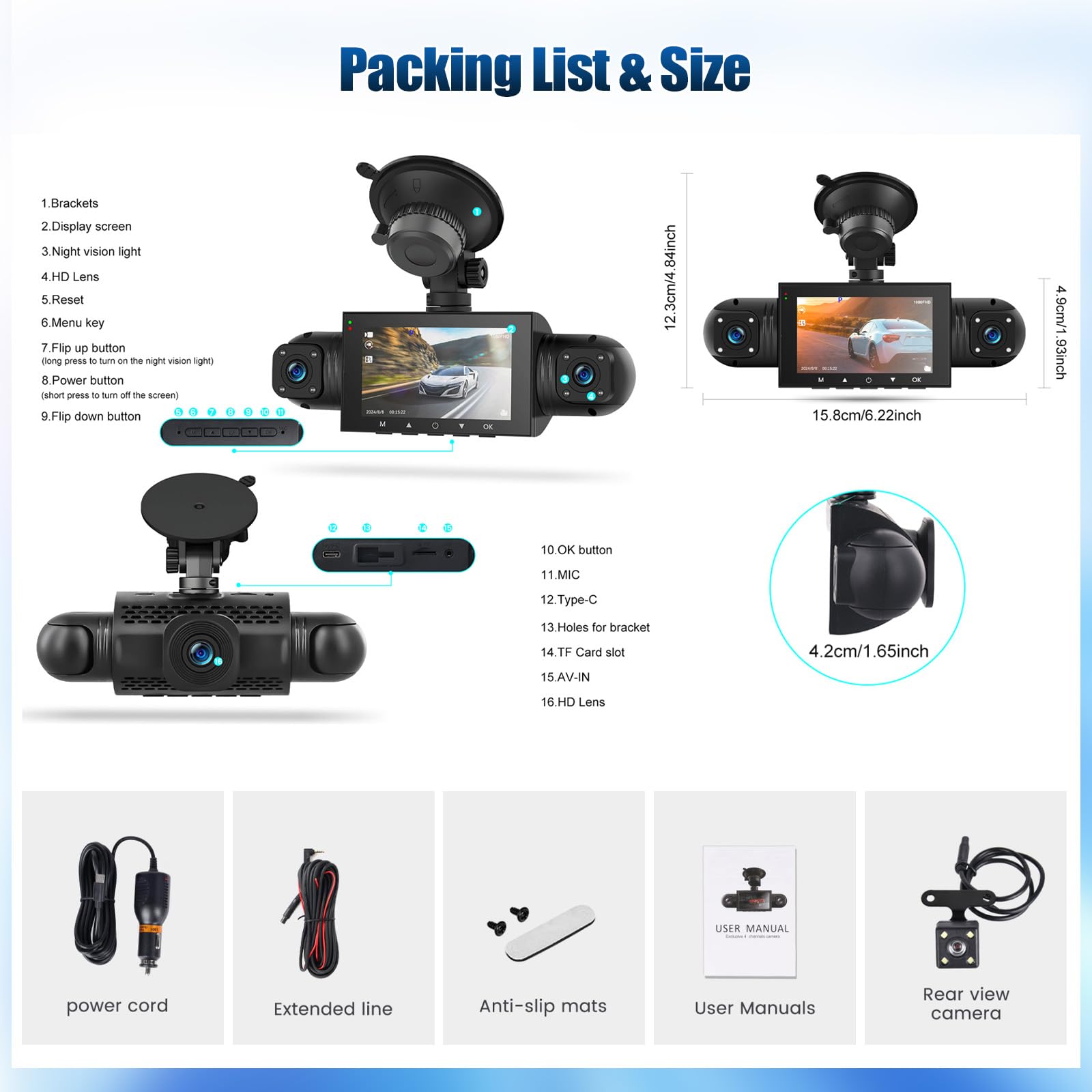 SIXTOP Dashcam Voiture 360 Degrés 4 Canaux, 1080P Caméra Embarquée Avant Intérieure Arrière avec Écran IPS 3 Pouces, Support Vision Nocturne/Surveillance 24H/Capteur G/Enregistrement Boucle