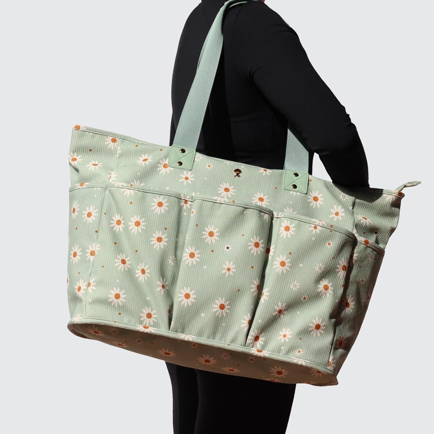 Corduroy Women Ladies Weekender Bag Muti-pockets Overnight Carry-on Duffel Travel Gym Tote Luggage Duffle with Trolley Sleeve (Corduroy matcha daisy)