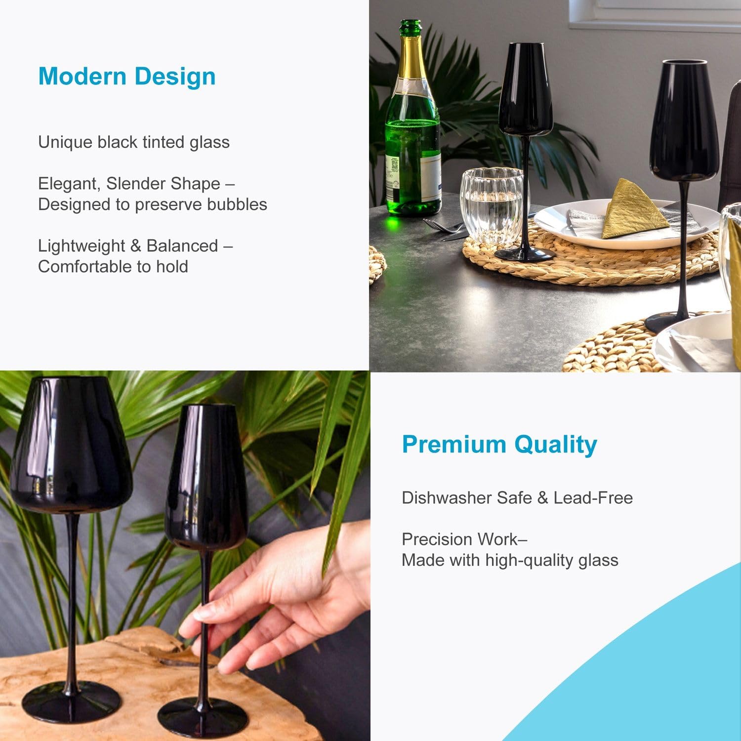 INTIRILIFE 6x Champagner Glas mit modernen Design in Schwarz- 220 ml Füllmenge - Sekt Prosecco Glas Spülmaschinenfest Kristallglas stoßfest