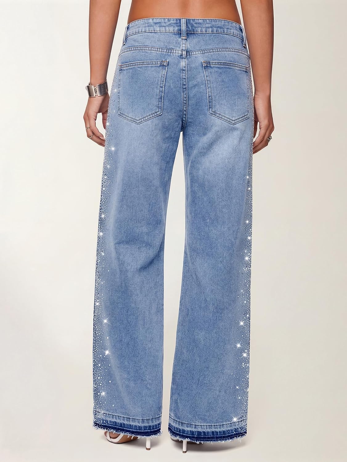EMMIOL Rhinestone Wide Leg Jeans for Women High Waisted Baggy Jeans | with Bling Glitter Sparkly Straight Leg Denim Pants with Frayed Raw Hem Back to School