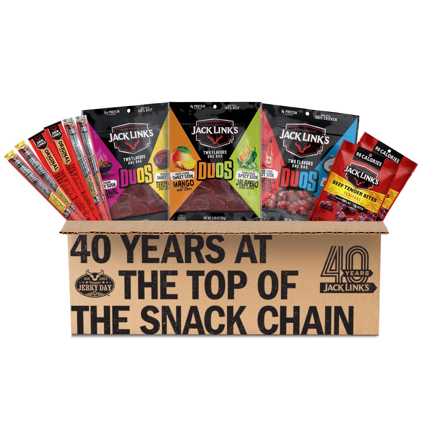 Jack Link's DUOs 11-Piece Beef Jerky Gift Box - Protein Snacks with Original, Teriyaki, Mango Jalapeño & Buffalo for Dads, Men & Meat Lovers