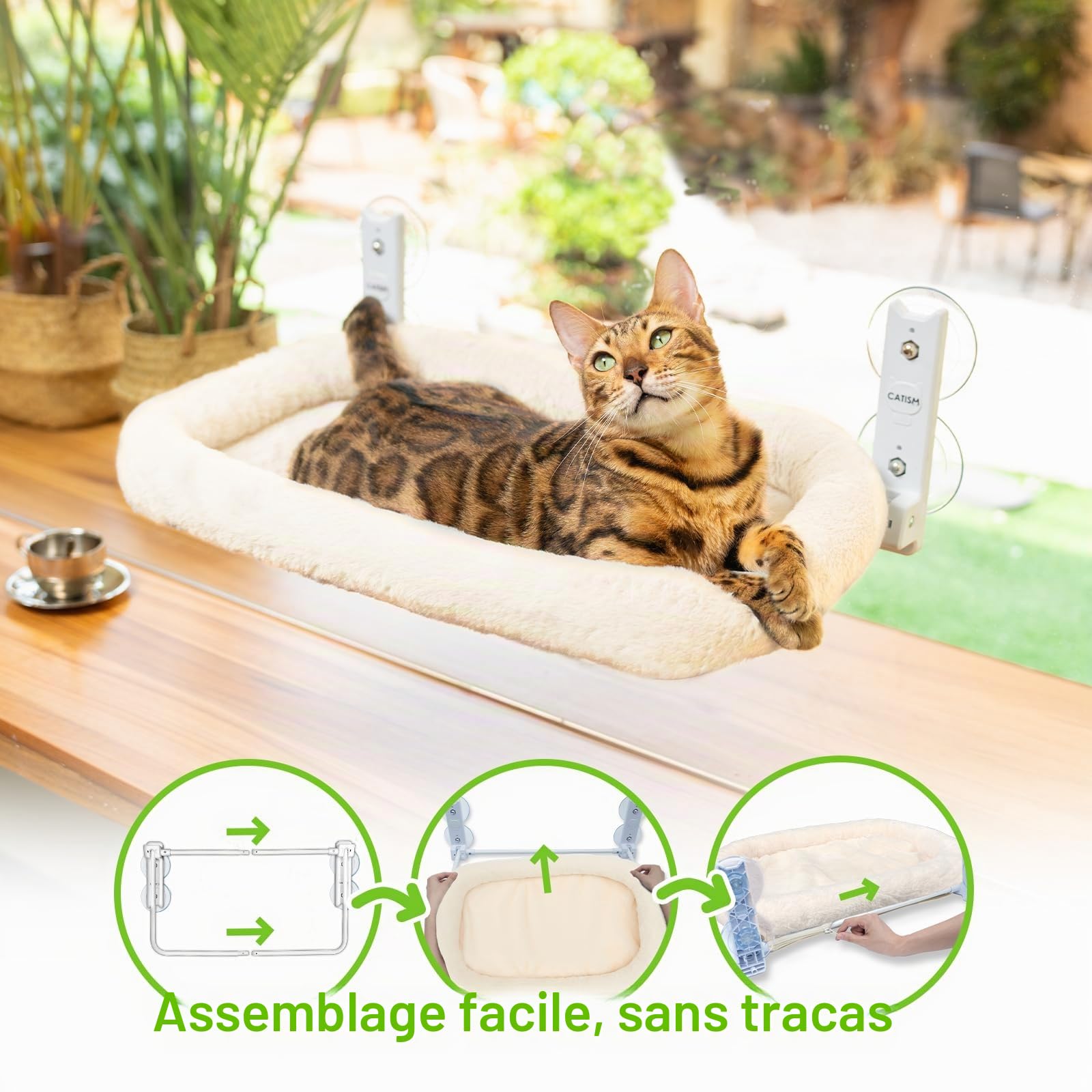 CATISM Hamac Pliable pour Chat avec Coussin Jusqu'à 20 kg, 52 x 30 cm, Rembourrage en Tissu Double Face Lavable, Lit de Fenêtre, Rebord de Fenêtre, Lit de Chat, Beige