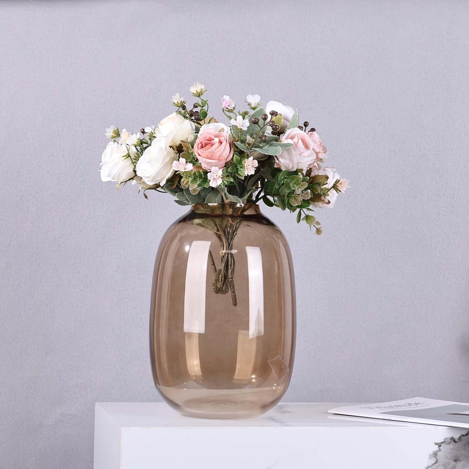 Amber Vase,Brown Glass,Round Art,Modern Clear Glass Vase,Decorative Bottles for Home Decor,Farmhouse Centerpiece,Wide for Living Room, Kitchen,Office, Dining (Brown)