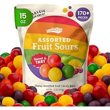 Snackathon Assorted Fruit Sours Candy, 15 oz, Old Fashioned Chewy Sour Balls, Retro Sweet & Tart Jelly Candy, Cherry, Orange, Apple, Lemon & Grape Mix, Approx. 170+ Pieces, Resealable Bag