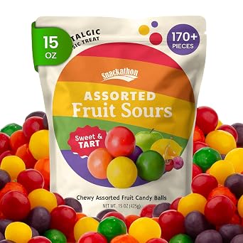 Snackathon Assorted Fruit Sours Candy, 15 oz, Old Fashioned Chewy Sour Balls, Retro Sweet & Tart Jelly Candy, Cherry, Orange, Apple, Lemon & Grape Mix, Approx. 170+ Pieces, Resealable Bag