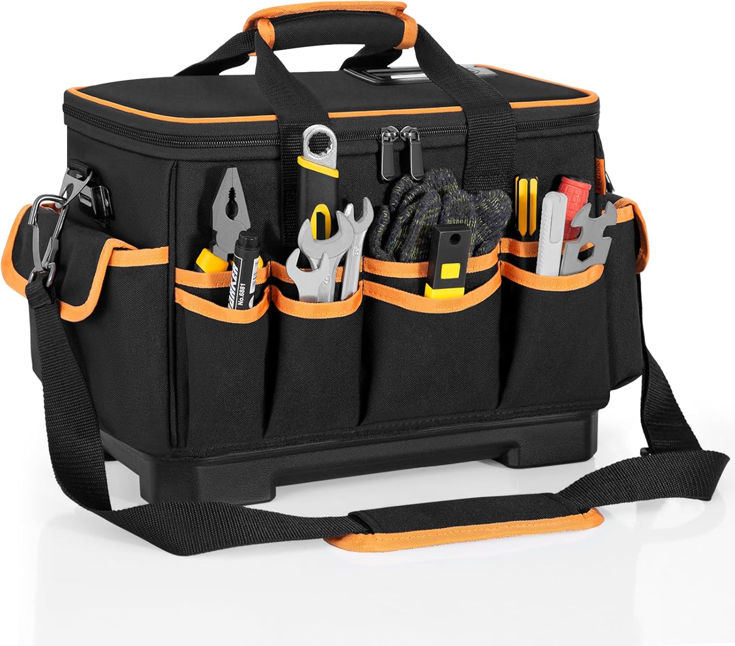 16 Inch Tool Bag with Waterproof Hard Bottom, Large Multi-Pockets Tool Tote Box Organizer Heavy Duty Storage Case
