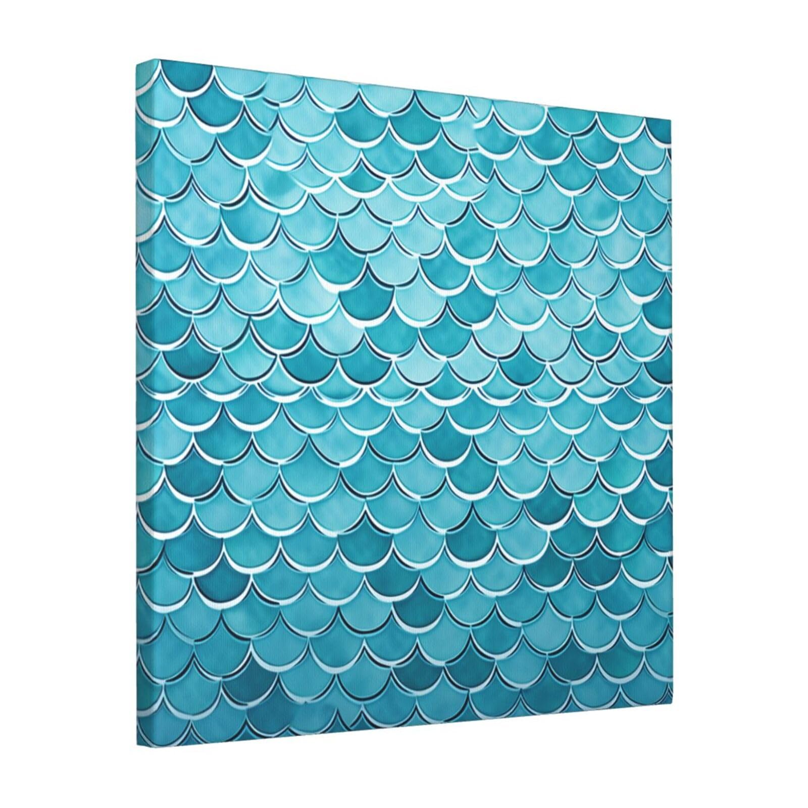 KLOPH Blue Waves Squama Mermaid Scale Canvas Wall Art for Living Room 16"x16" Modern Artwork Painting for Bathroom Hanging Canvas Prints Aesthetic Wallart for Bedroom Kitchen Office Wall Decor