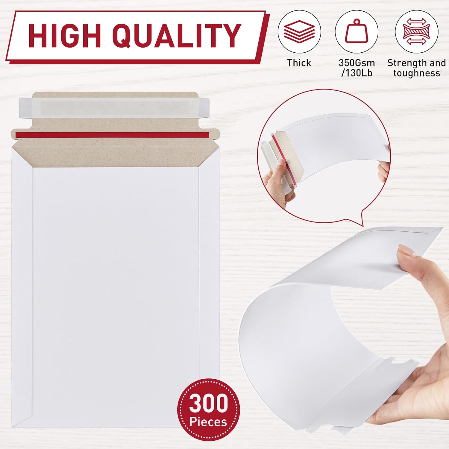 Fainne 300 Pcs Rigid Photo Mailers 6x8 Inch, 350gsm Thick White Cardboard Shipping Envelopes with Self Adhesive, Flat Document Mailers for Photos, Prints, Artwork, CDs, and Paperwork