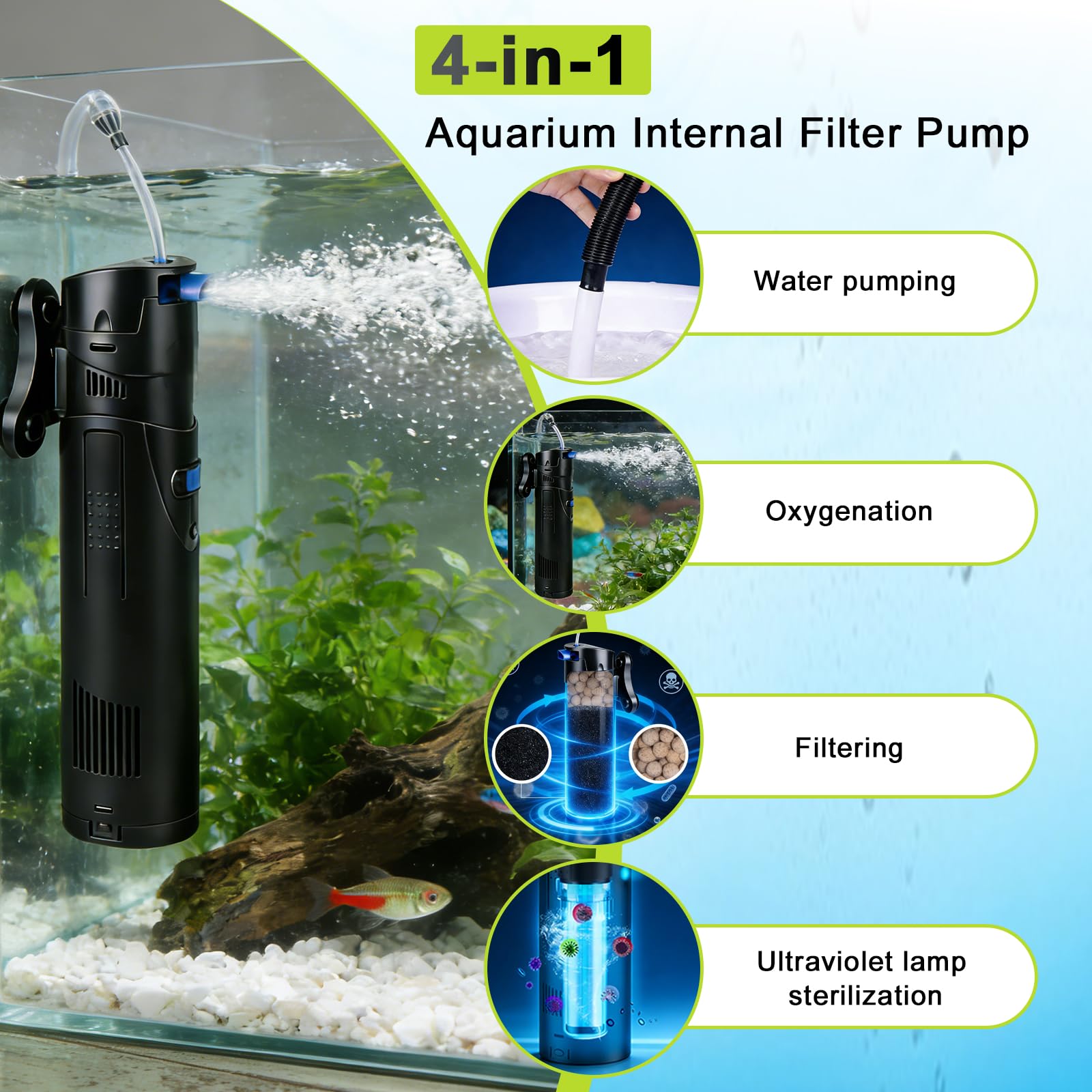 EXLECO Filtro Interno Acquario 4 in 1 con Lampada UVC da 7W, Aeratore 700 L/h 18W, Include Pompa Acqua, Skimmer e Materiale, Ossigenatore per Tartarughiera per Tartarughe d'Acqua 150-300 Litri