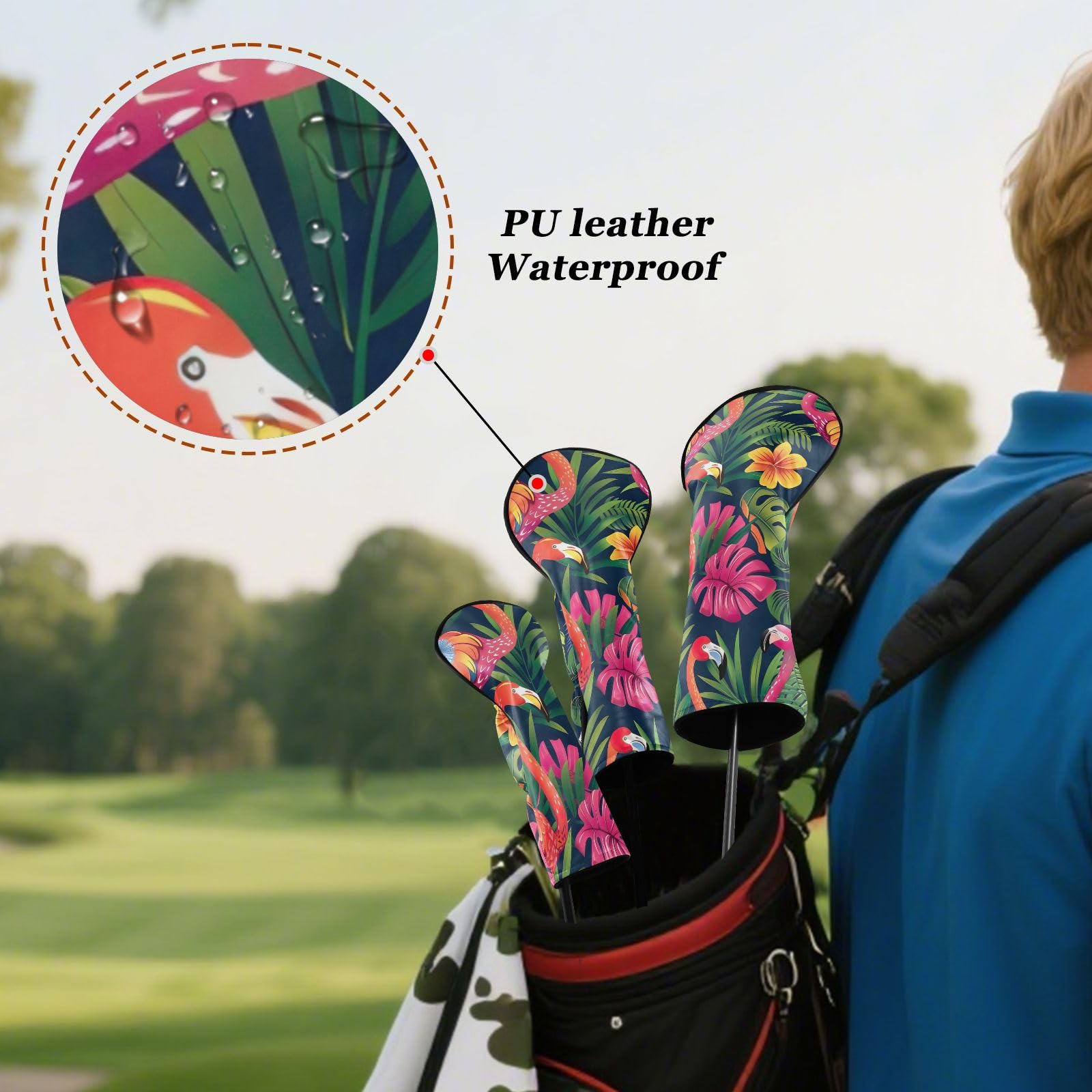 Tropische Blätter, Flamingo-Grün, Golfschlägerhauben für Damen und Herren, PU-Leder, Golfschlägerhauben mit Nummernschildern für Hybrid-Holz