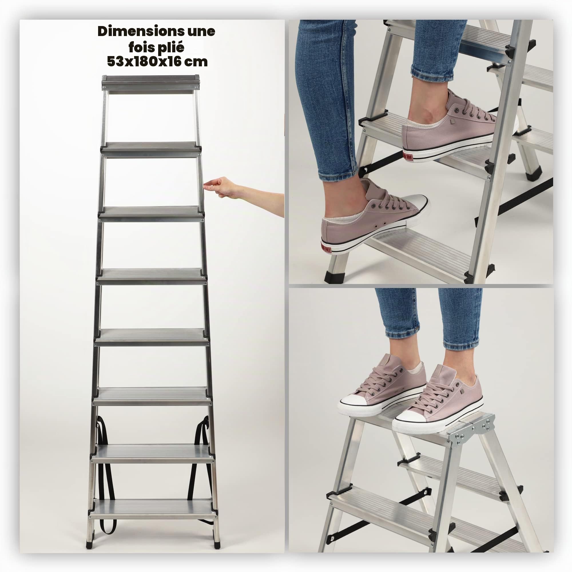 KADAX Échelle Double en Aluminium, Équipée de Marches Antidérapantes et d'une Conception Pliable Facilitant Le Stockage et Le Transport (8 Marches)