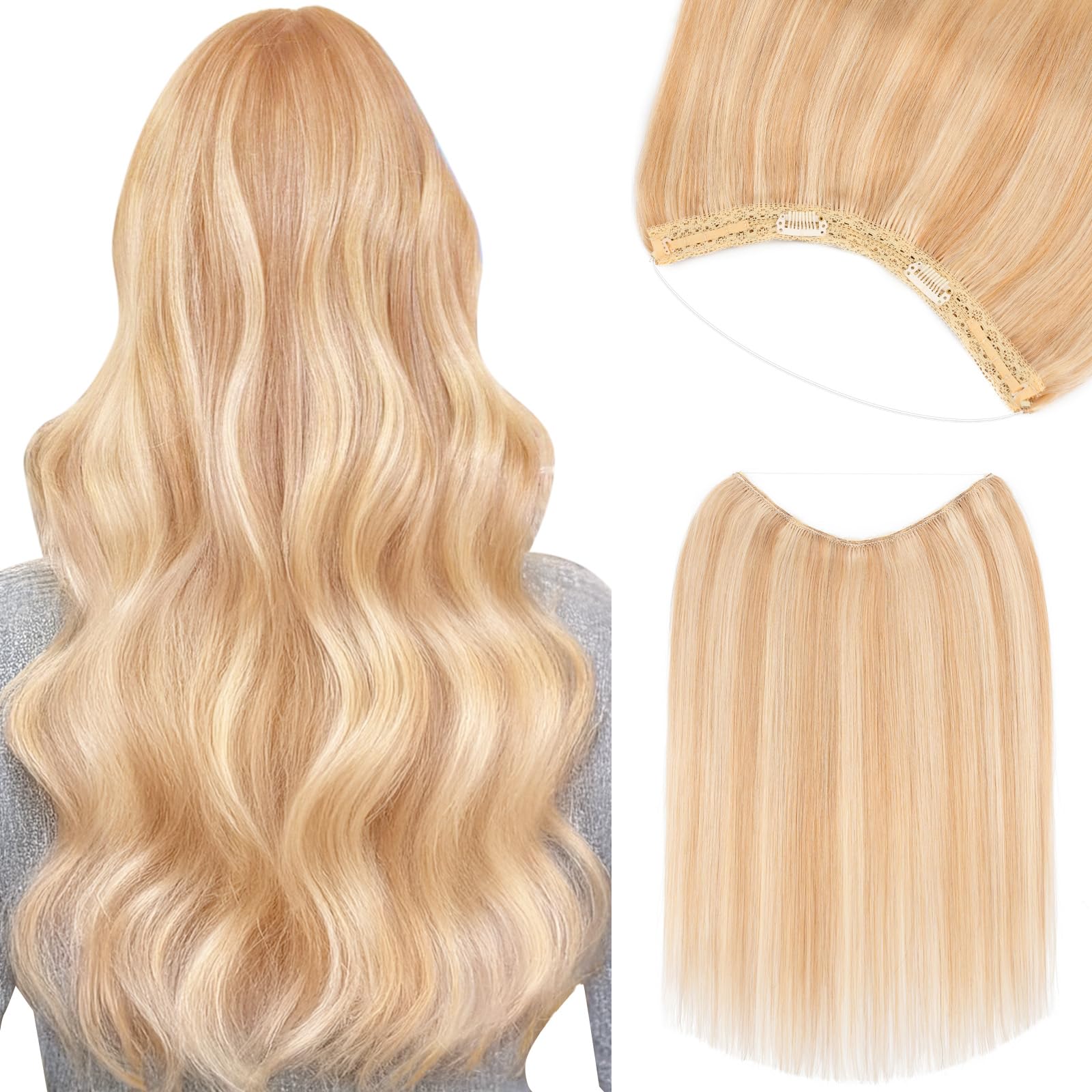 Benehair Halo Blonde Hair Extensions Real Human Hair Halo Extensions for Women 100% Human Hair Invisible Wire Hair Extensions Ash Blonde Highlights