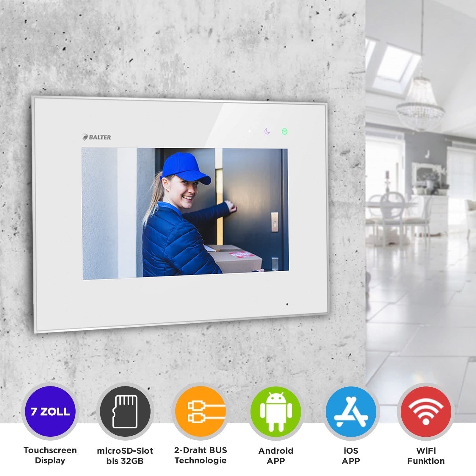 Nonic Balter EVO WiFi Rev.II 7" Videostation Touchscreen Bildschirm 2-Draht Bus Technologie Plexiglas Interkom SD Slot Weiss, APP Steuerung