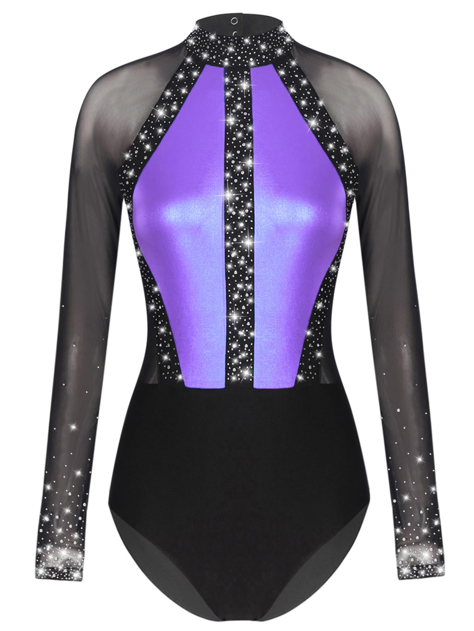 Damen Turnanzug Langarm Gymnastikanzug Strass Glitzer Ballettanzug Stehkragen Ballett Trikot Tanzbody + Tanz Shorts Turn Outfit