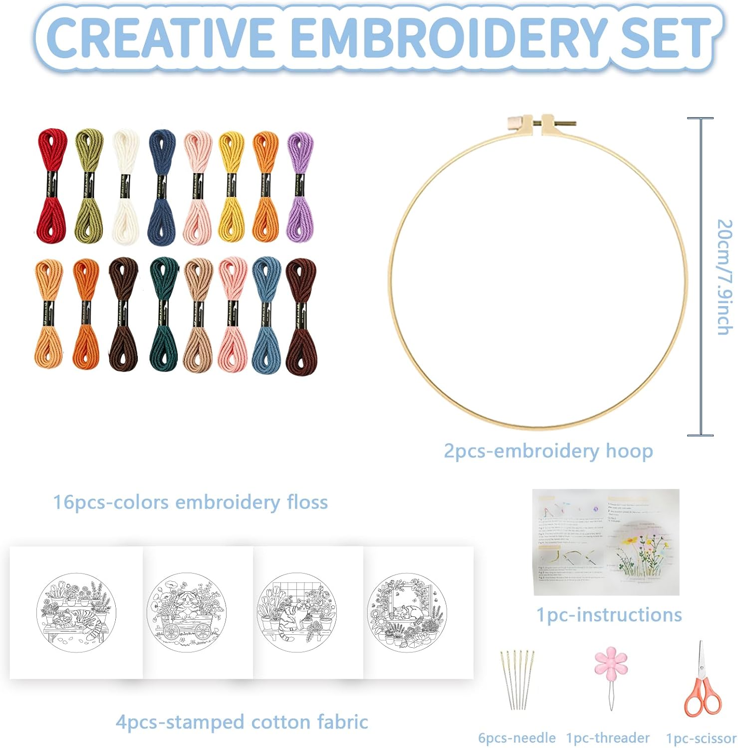FREEBLOSS 4 Sets Embroidery Kit for Beginners Needlepoint Cat and Flower Stamped Embroidery Starter Kit with Instructions, Needles, Threads, 2 Hoops 7.9"/20CM image 2