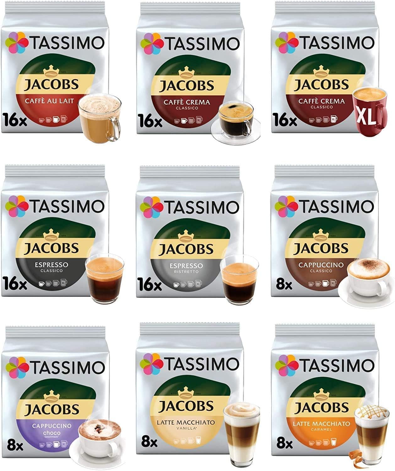 Tassimo Coffee, Tea, Chocolate Pods. Pick Any 3 Packs from 50+ Blends Including Kenco, Costa, Jacobs, Hot Chocolate, Chai latte, Baileys, Cadbury, Milka, Oreo, Cafe Hag and More.
