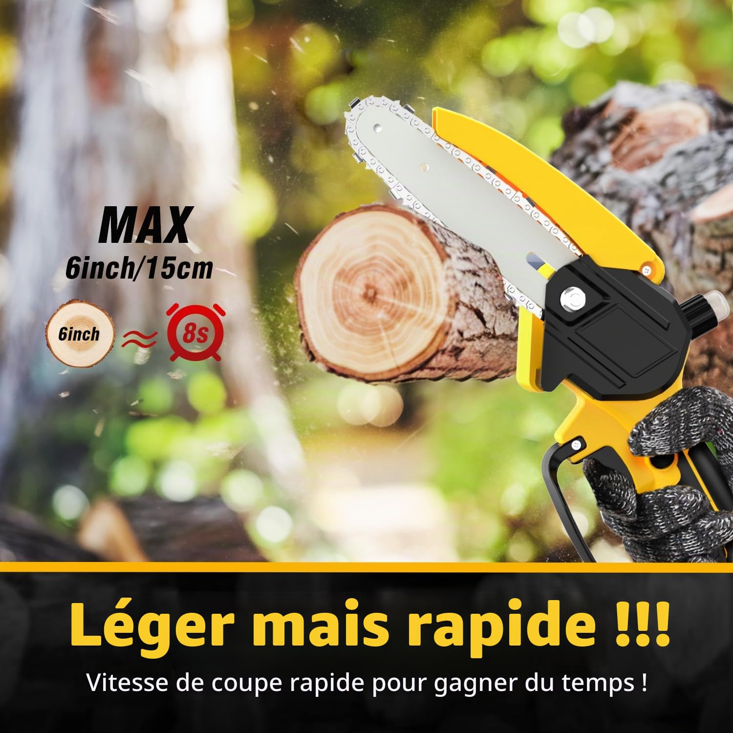 Tronçonneuse sur Batterie 4000mah 6 Pouces Mini Tronconneuse sans Fil avec 2 Chaines Système D'Huile Automatique 600W Moteur Brushless Coupe Branche Electrique Elagueuse Compatible avec Makita