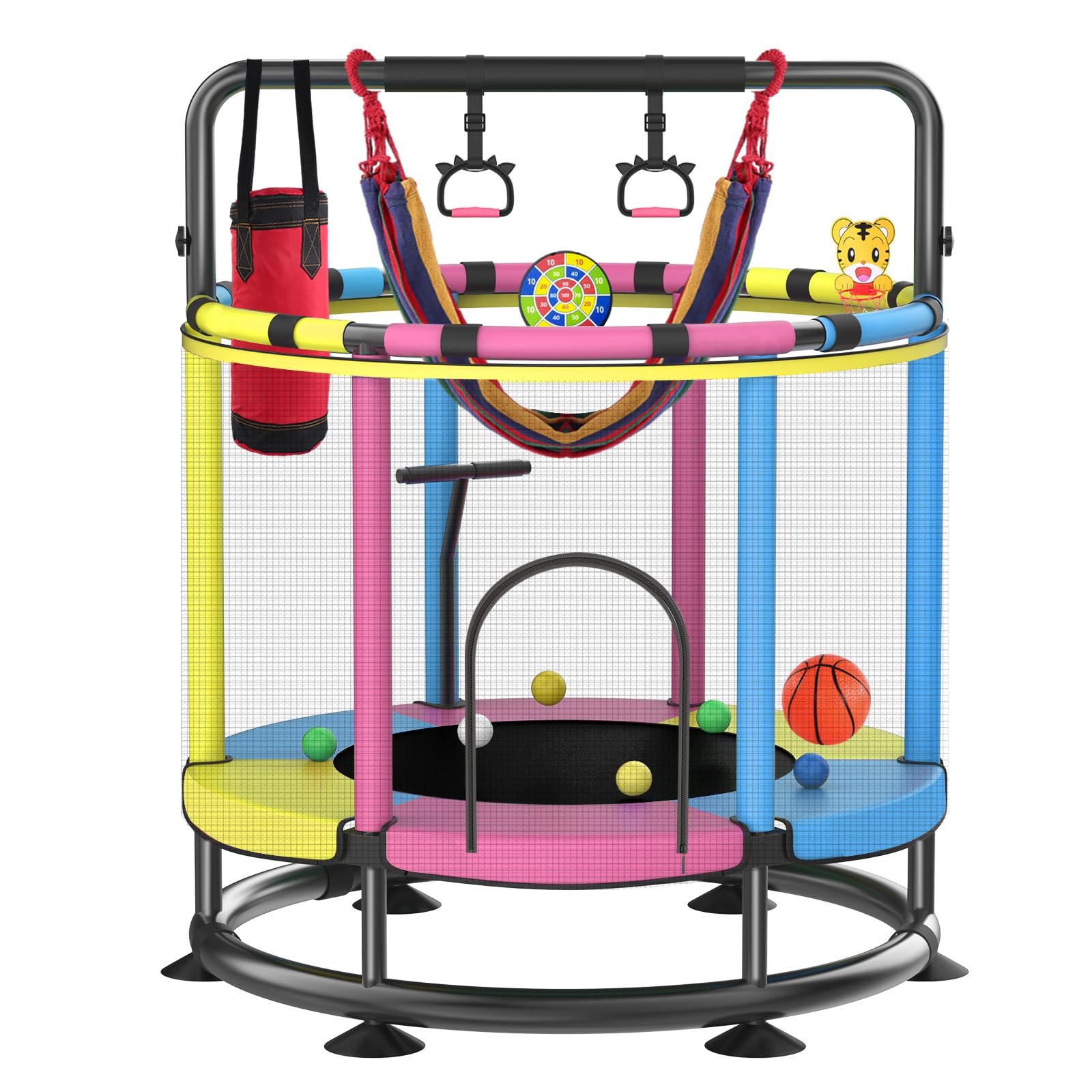 Full Anti-Rust 440lbs Anti-Rollover Round Bottom Toddler Trampoline with T-handrail and Basketball Dart Board