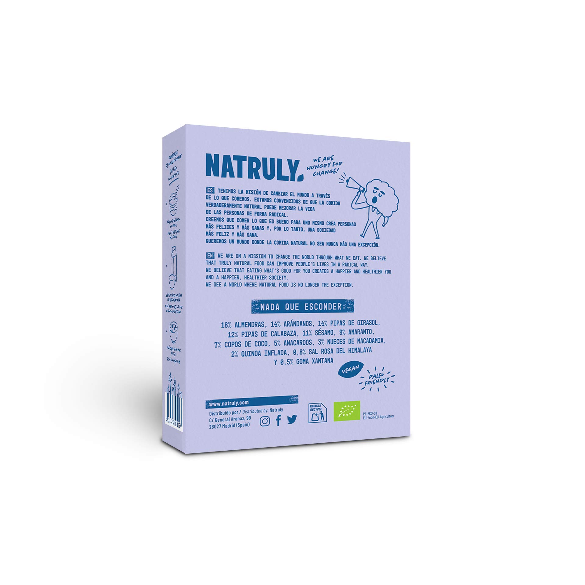 NATRULY Granola BIO de Frutos Secos y Semillas Sin Cereales, Sin Gluten y Sin Azúcar Refinado, Vegana, Sabor Arándanos -Pack3x325g