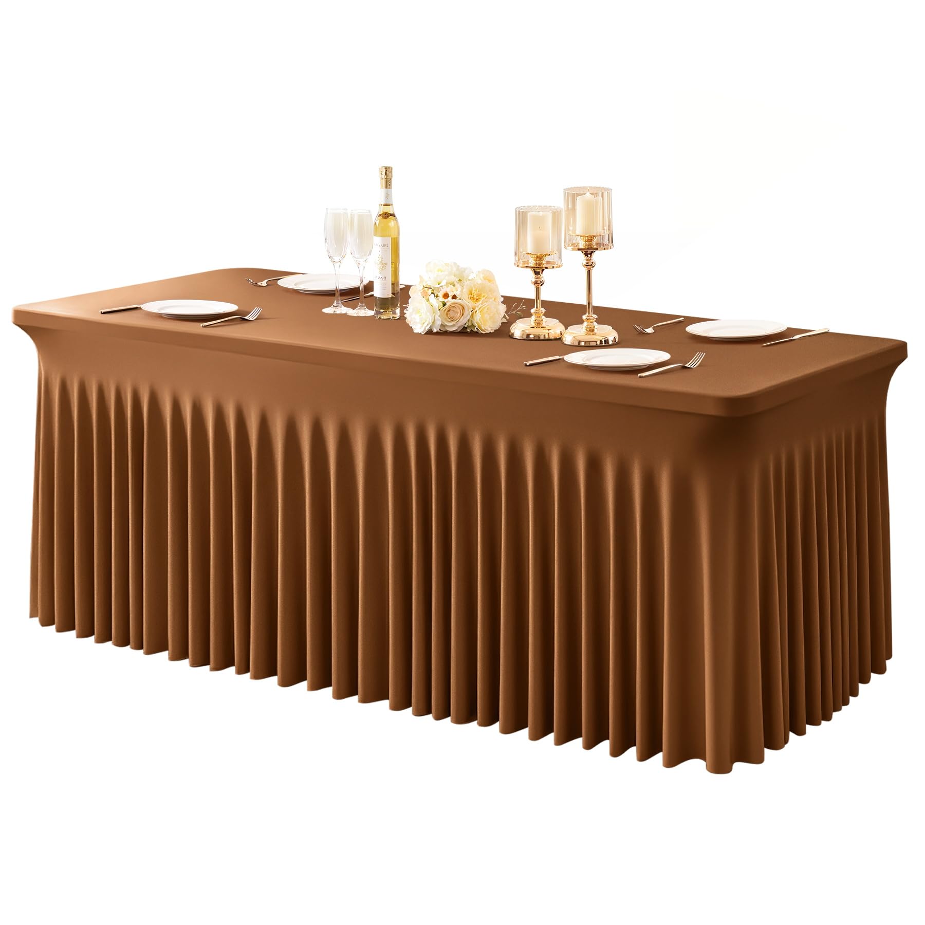 Photo 1 of 1 Packs Brown Spandex Tableclothes for 6 Foot Rectangle Tables, Wrinkle Free 6ft Fitted Table Cover Stretch Table Cloth Desk Skirt for Weddings Baby Shower Birthday Party Banquet Decorations