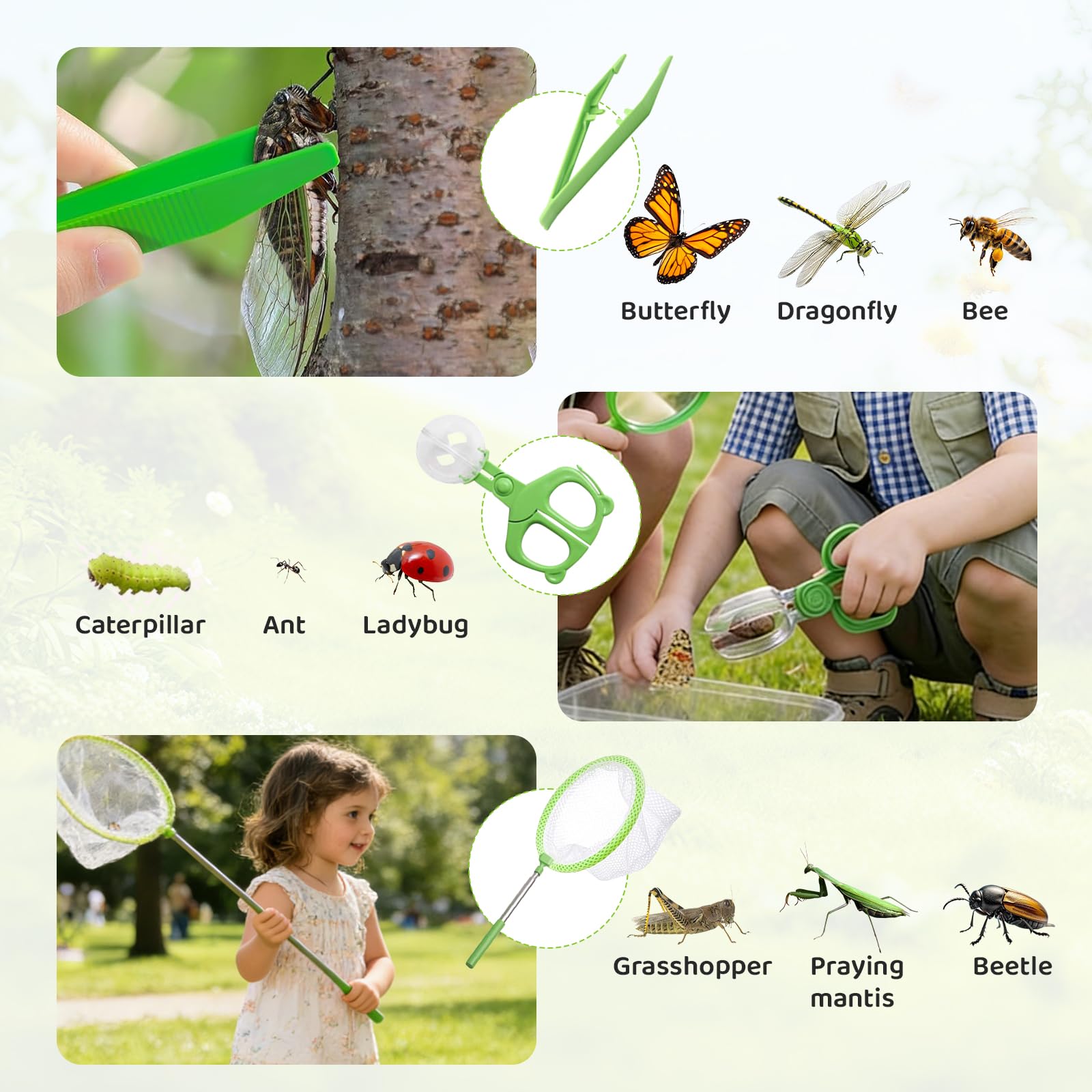 Kit De Exploración Infantil Para Exteriores – Red, Caja De Observación Y Pinzas | Set De 8 Piezas Para Atrapar Insectos – Regalo Educativo Y Científico