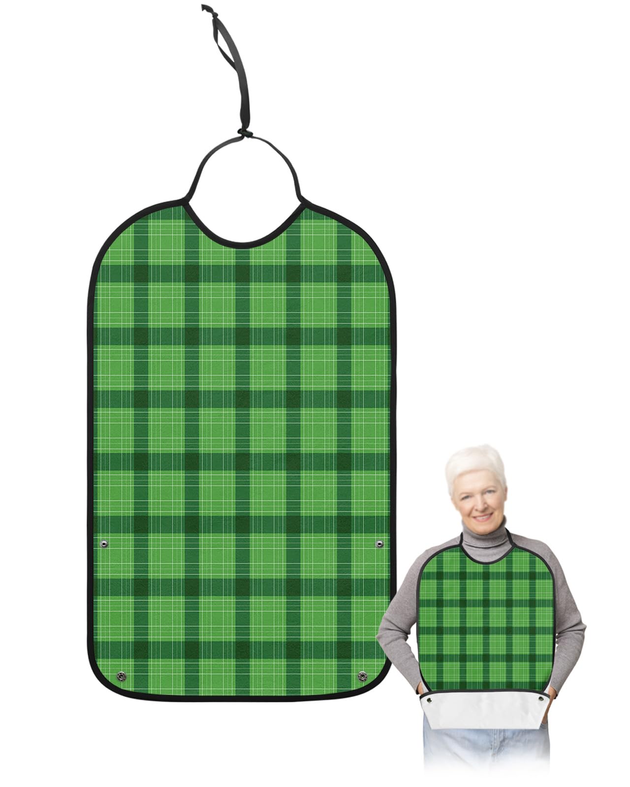 St. Patrick's Day Adult Bibs for Eating, Waterproof Bibs with Food Catcher & Adjustable Snap Closure, Green and Black Buffalo Plaid Washable Clothing Protectors Adult Bibs for Elderly Women/Men