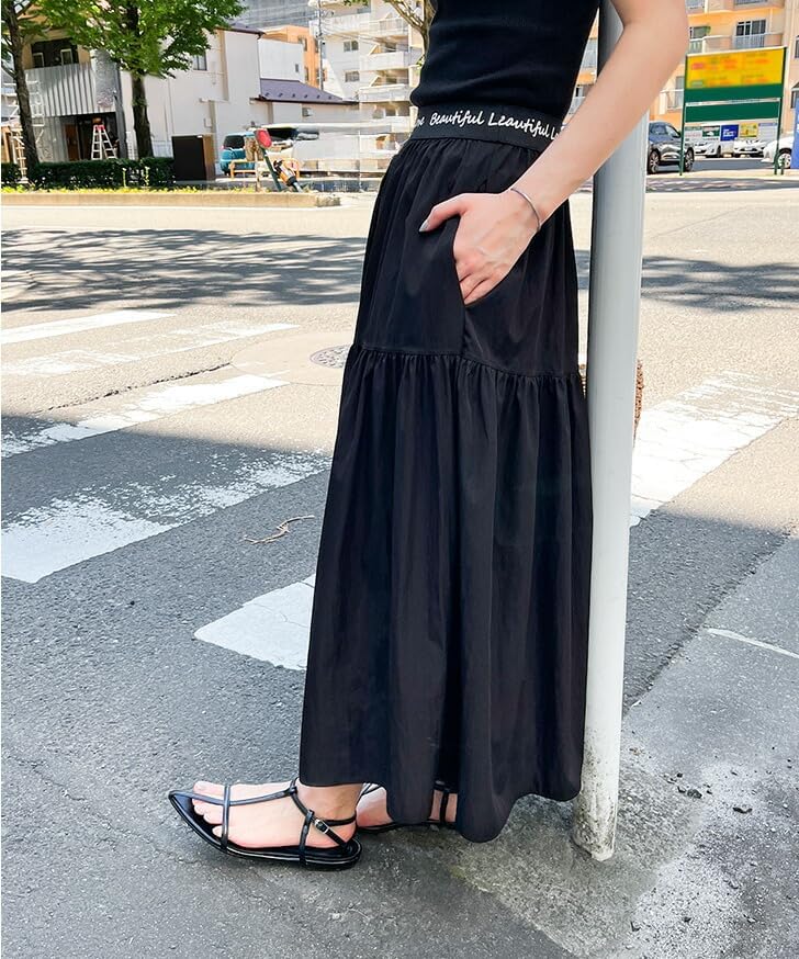 [JOKnet] サイドポケットウエストロゴプリントティアードロングスカート レディース ボトムス 夏 ロング丈 ミモレ丈 フレア