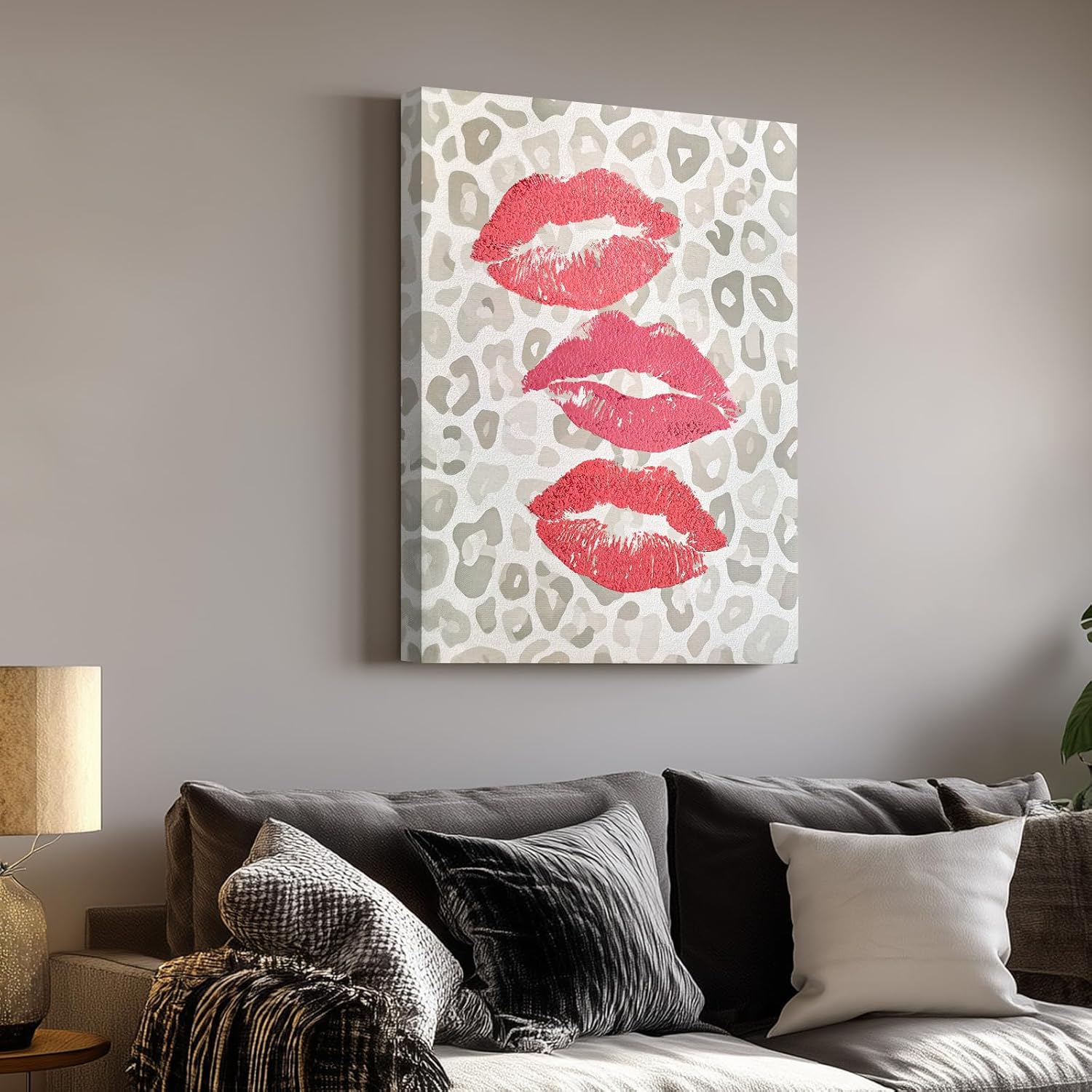 llribbons Leopard Pink Lips Canvas Wall Art, Fashion Sexy Lip Prints Hand Painted Pictures Modern 3D Textured Artwork for Living Room Bedroom Bathroom Office Home Makeup Room Decor Framed 12" x 16"