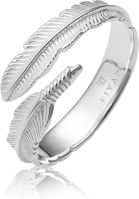 FIYAH Feather Ring - 925 Sterling Silver Angel Ring - Adjustable Size Angel Feather Ring for Women with Luxury Ring Gift Box - Open Ring