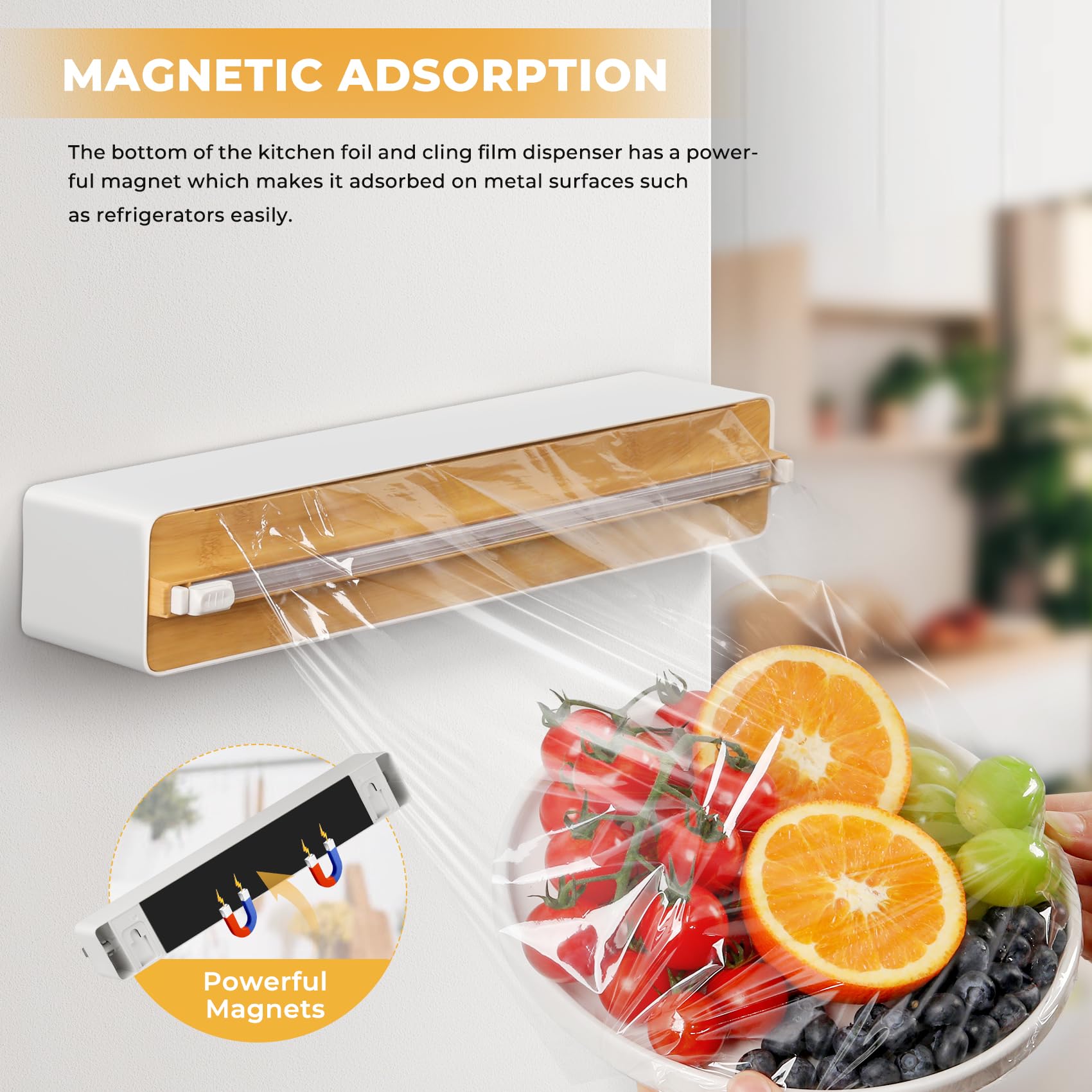 Magnetyczny dozownik folii spożywczej z ostrzem – ulepszony dozownik folii, praktyczny nóż do folii plastikowej i folii aluminiowej – dozownik folii spożywczej do szuflad kuchennych, bambus