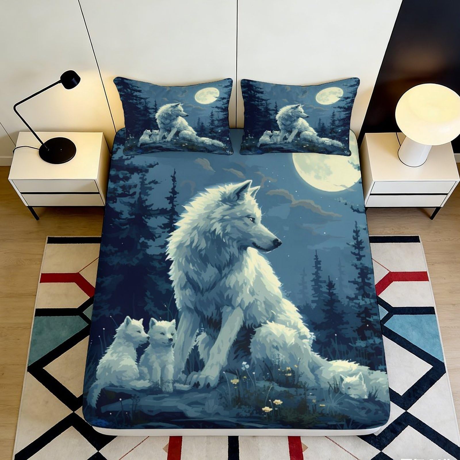 3D Printed Moonlight Wolf Fitted Sheet Microfiber Soft Forest Night Mattress Cover for Bedroom Dorm Decor 90x200x25cm