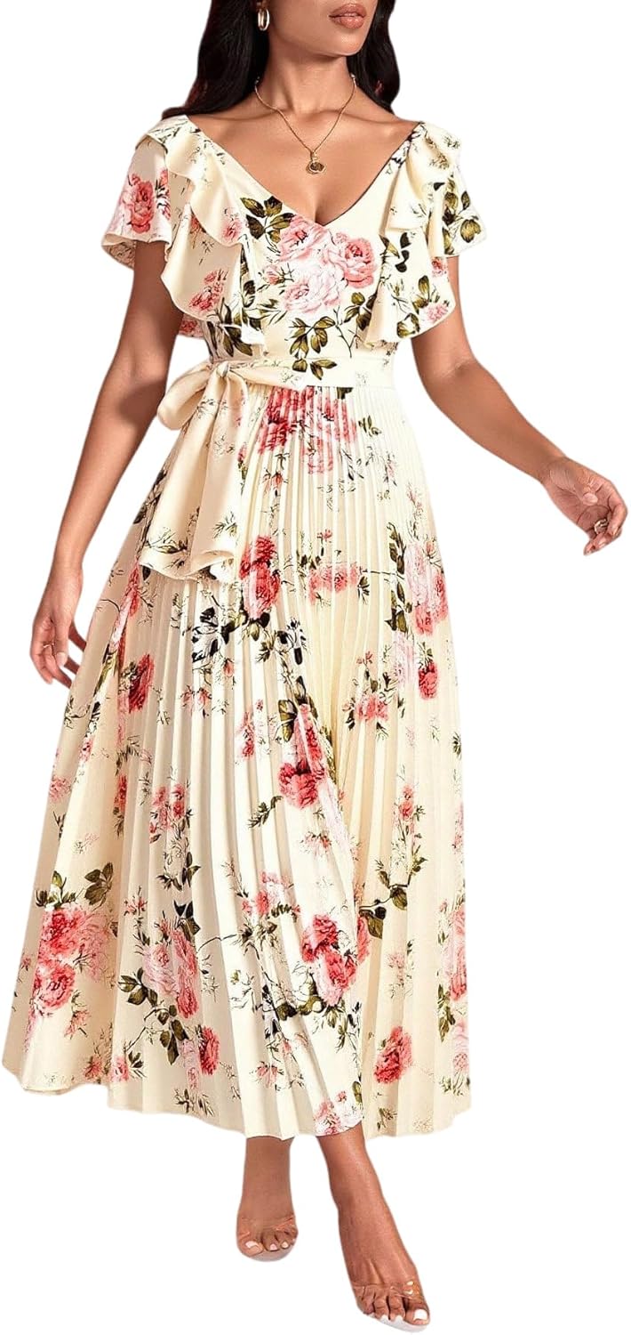 Women's Boho Floral Pleated Maxi Dress Elegant Ruffle Belted Flowy Sundress Beach Vacation Clothes
