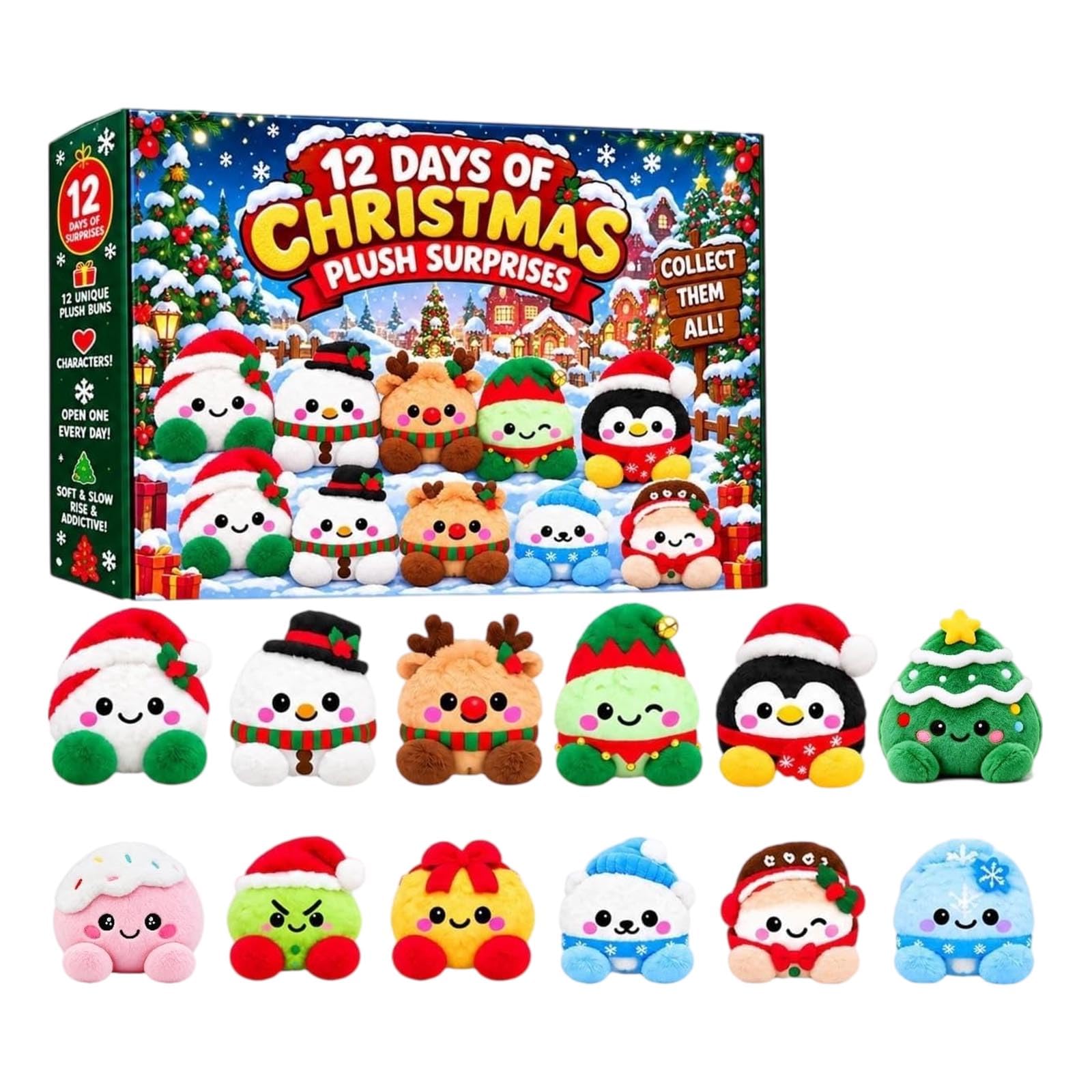 Dumpling Adventskalender, 12 Stück, 6 cm Dumpling Plüschtier Weihnachten | Dumpling Adventskalender, 12 Stück, 6 cm, Plüschtier, Weihnachtsdeko, Anti-Stress, Langsames Zurückfedern, Tragbar