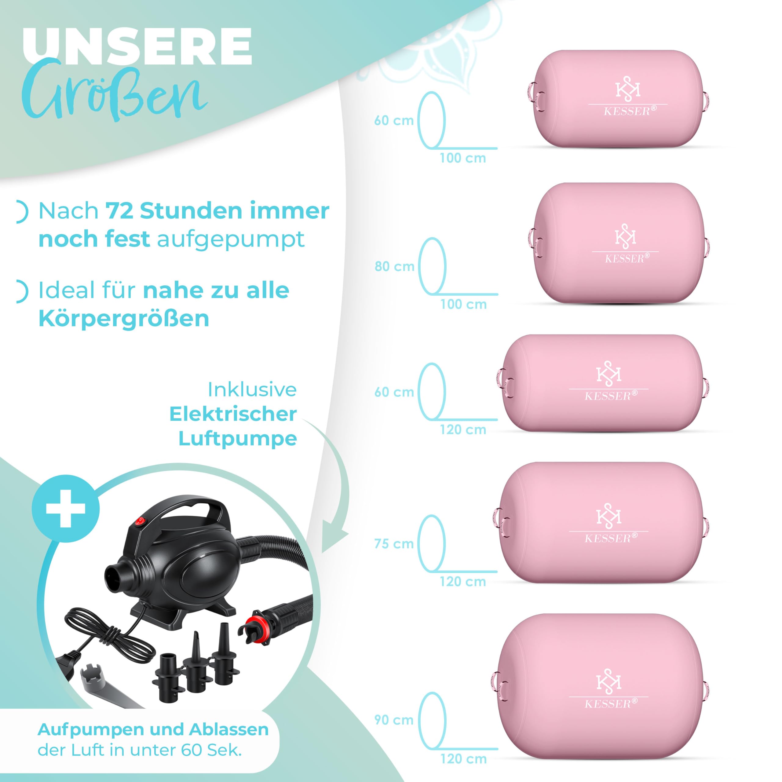 KESSER® Air Roll Airtrack, rullo gonfiabile, per ginnastica, con borsa per il trasporto e pompa ad aria, a barile, per la ginnastica, per lo yoga, per il fitness,