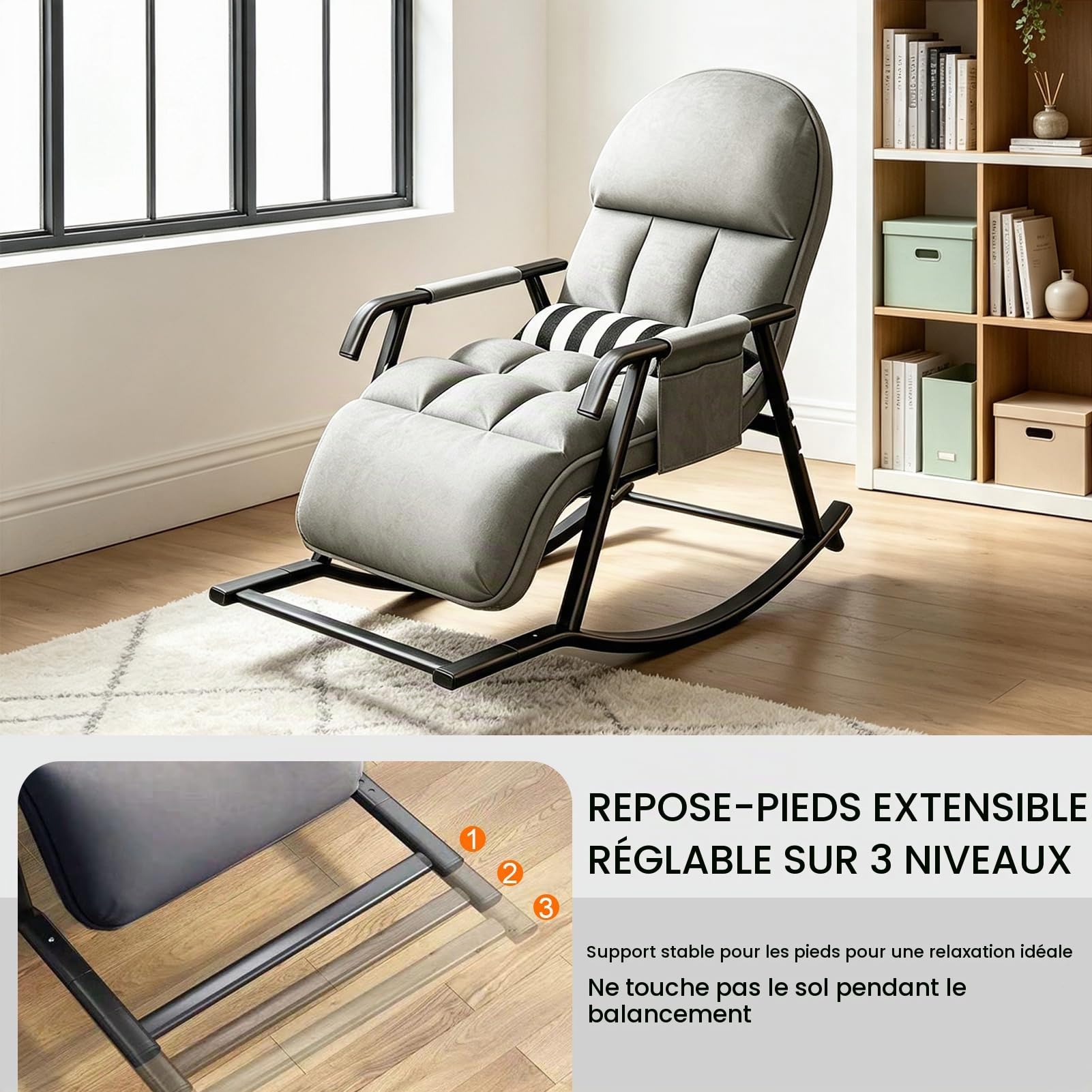 Fauteuil a Bascule, Chaise a Bascule, avec Repose-Pieds, Dossier Réglable sur 5 Positions, Exterieur Interieur, Fauteuil à Bascule Allaitement, Assise RembourréE, Poches Latérales (Gris)