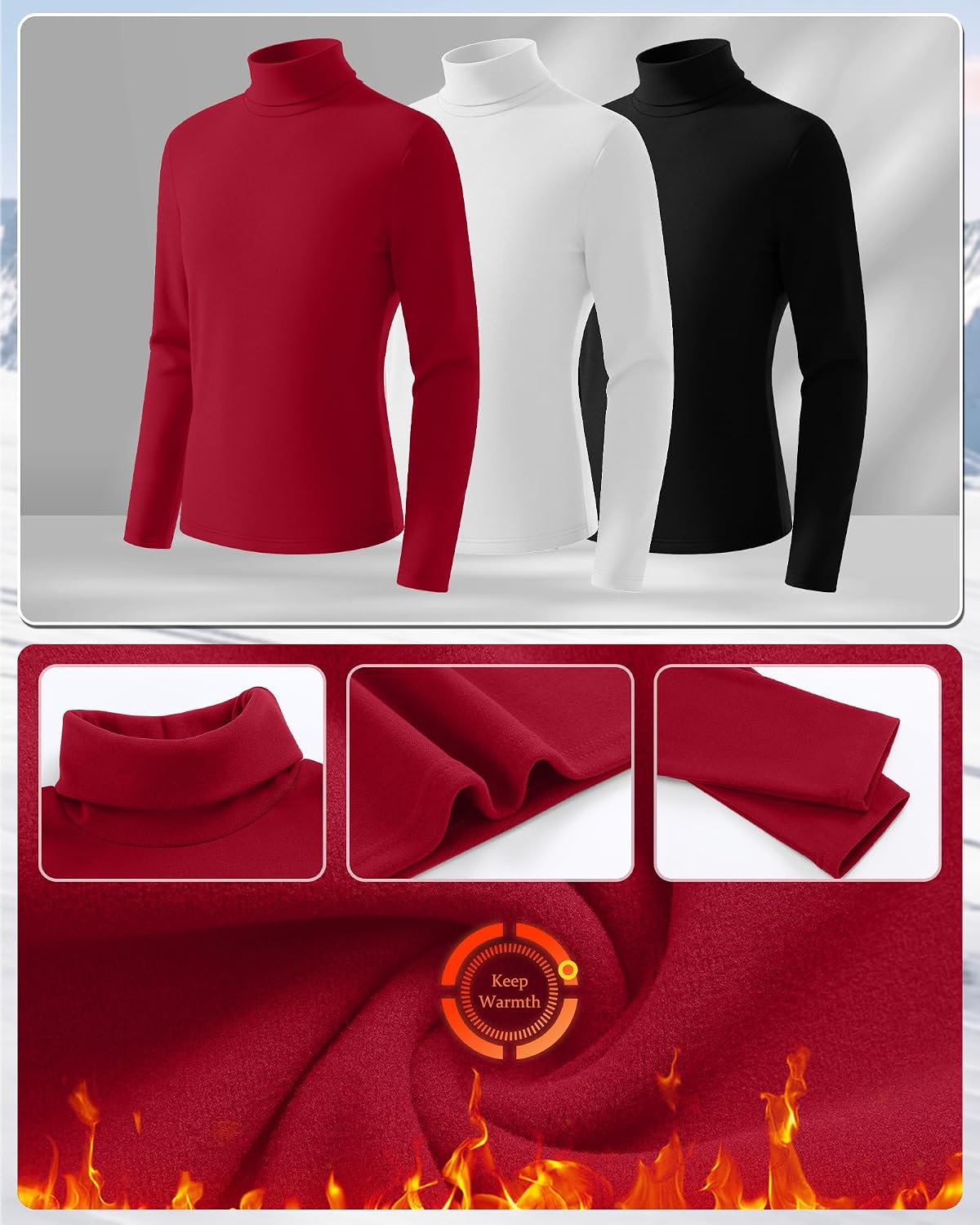 3 Pack Boys Thermal Turtleneck Long Sleeve Fleece Tops, Compression Shirts Youth Basic Layer Warm Undershirt Winter
