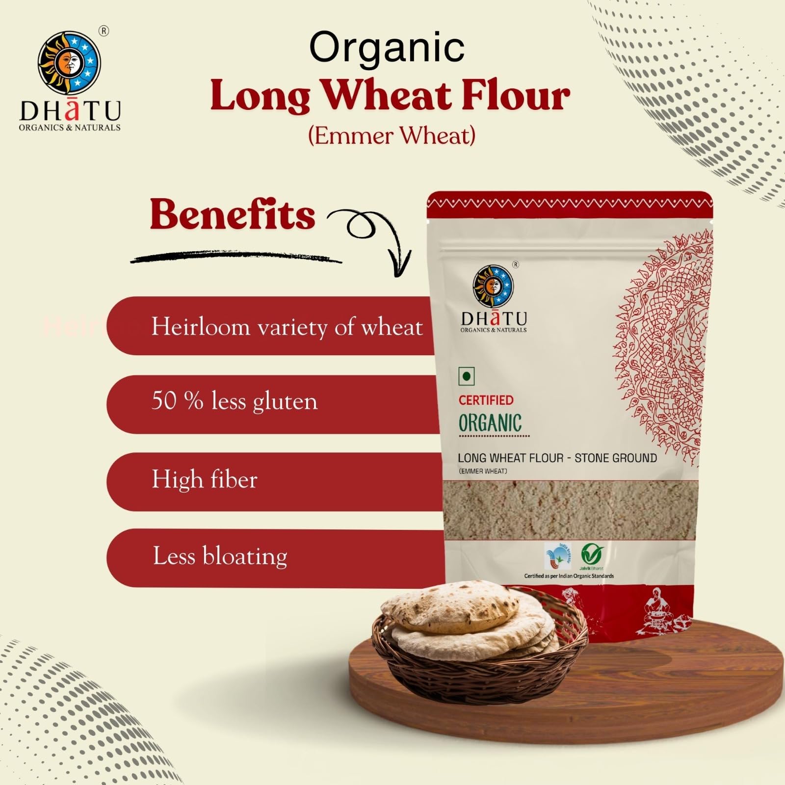 Dhatu Organics Long Wheat (Emmer Wheat) Flour 500g (Pack of 1) | Jave Godhi Atta | Cold-Milled & Unpolished - Image 2 thumbnail