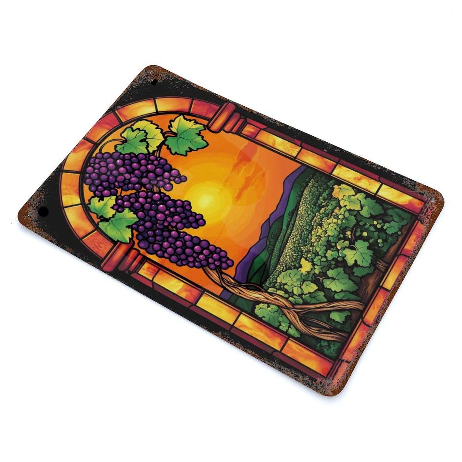 Rust Effect Vineyard Sunset Stained Glass Aged Metal Wall Plaque 11.8"x7.9", Rustic Home Decor for Bistro, Counter And Cafe Decor