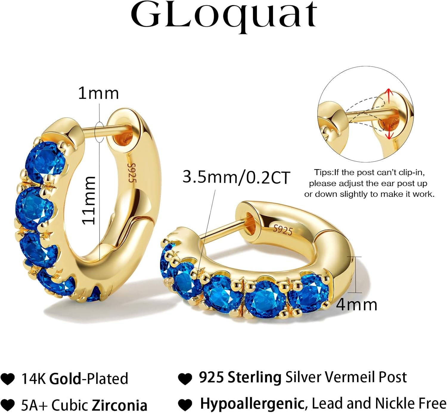 14k Gold Plated Royal Blue Cubic Zirconia Hoop Earring for Women Sterling Silver Post Gold and Blue Huggies for Female Hypoallergenic Trendy Jewelry Birthday Anniversary Wedding Earring - Image 6