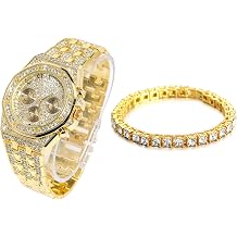 Halukakah Diamonds Gold Watch Iced Out, Mens 18k Real Gold/Platinum White Gold Plated 20mm Width Quartz Wristband 8.7", with Tennis Chain Necklace Bracelet Set Options, with Gift Box