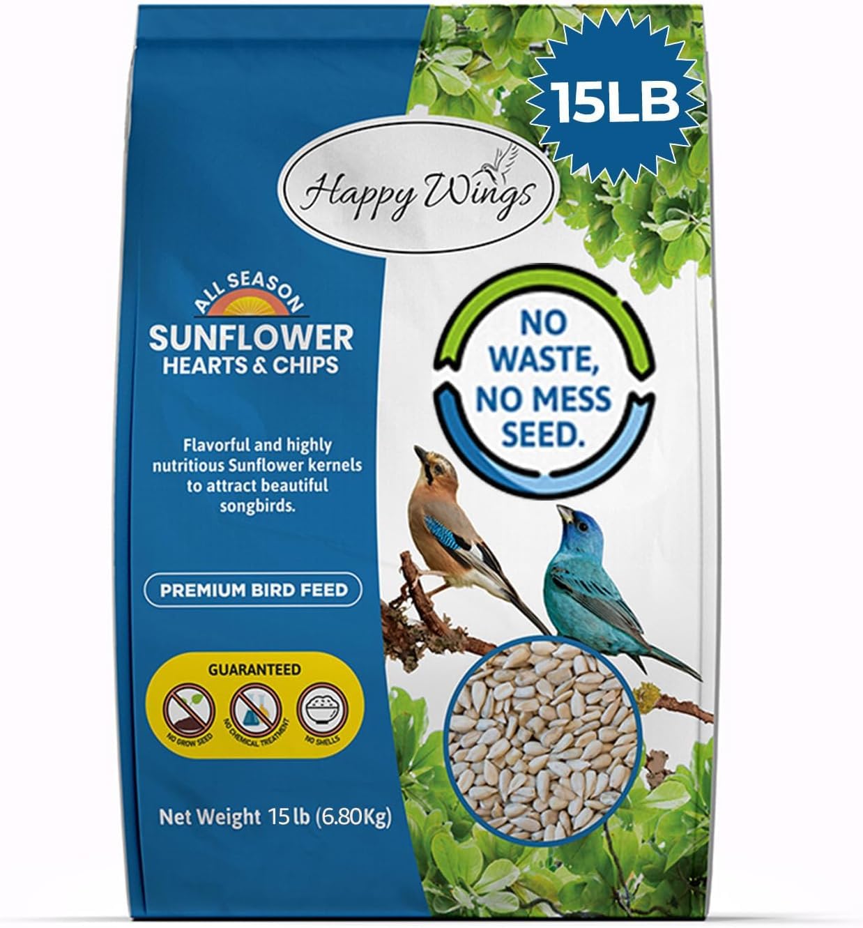 Happy Wings Sunflower Hearts & Chips Bird Food 15 lbs No Mess, No Waste Seed No Grow Formula Ideal for Wild Birds, Finches, Sparrows, and Year-Round