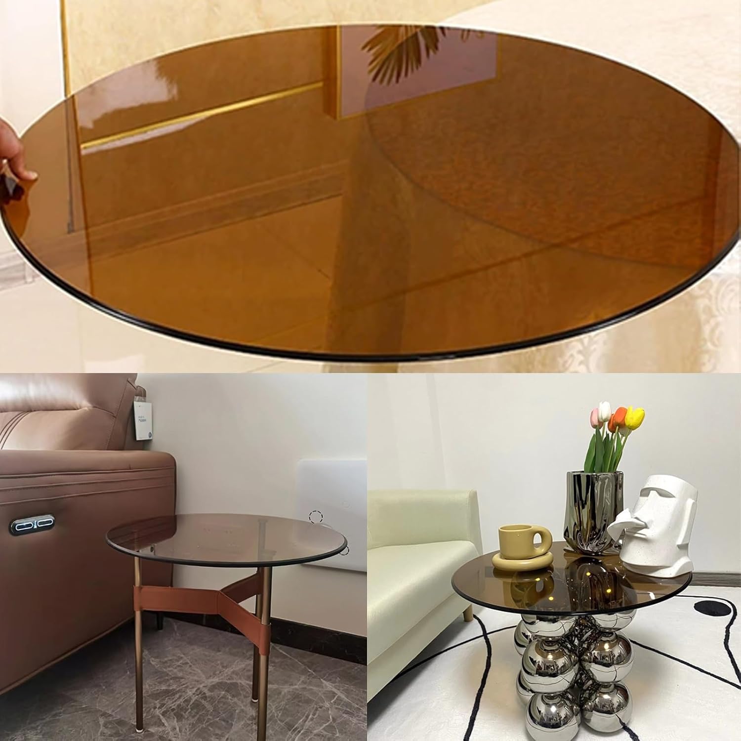 Round Tempered Clear Glass Table Top - 8mm Thick with Flat Polish Edge, Tempered Glass Table Top Tea Color Glass Table Top Multipurpose Countertop for Living Room Patio Table Tops ( Size : 68CM )