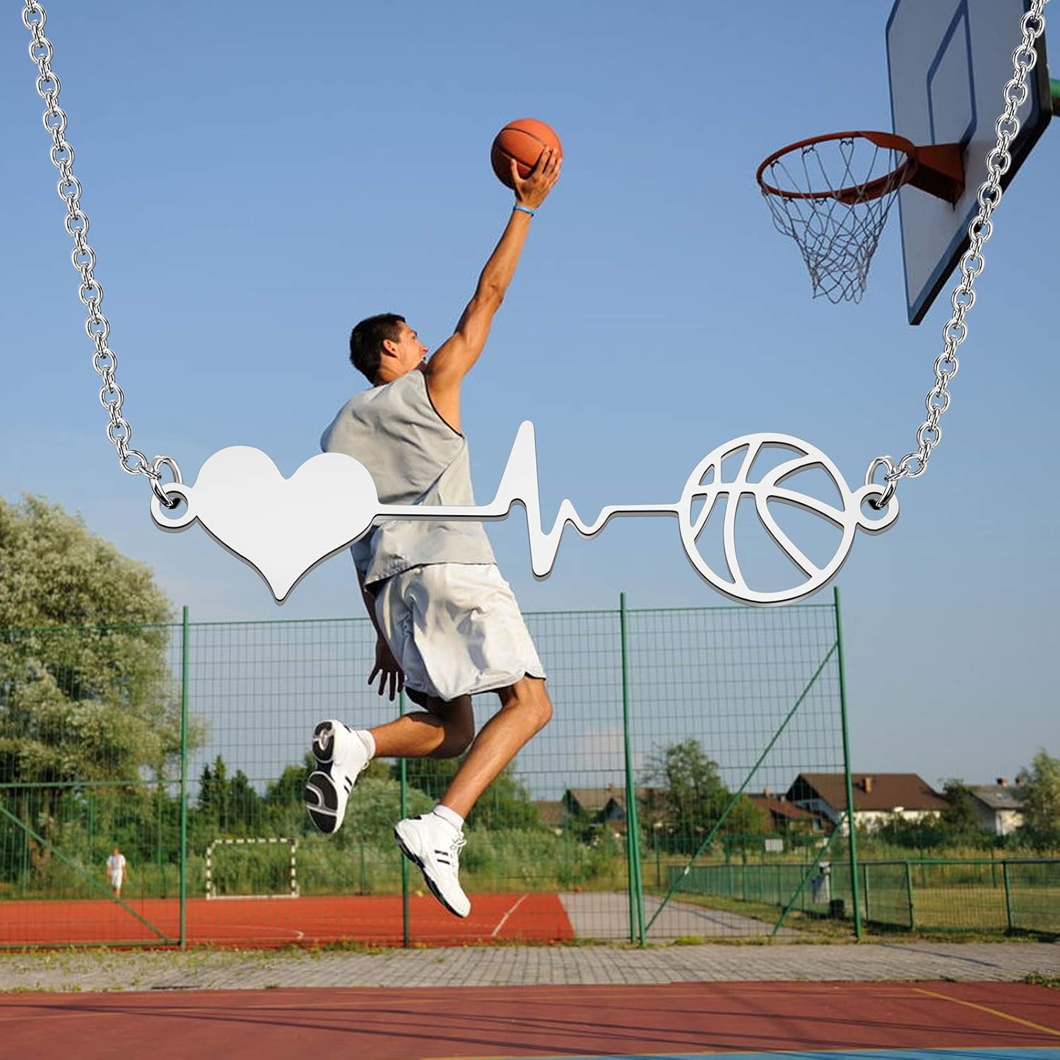 WSNANG Minimalist Hollow Basketball Necklace Heartbeat Basketball Gift for Basketball Lover Sports Lover Teens