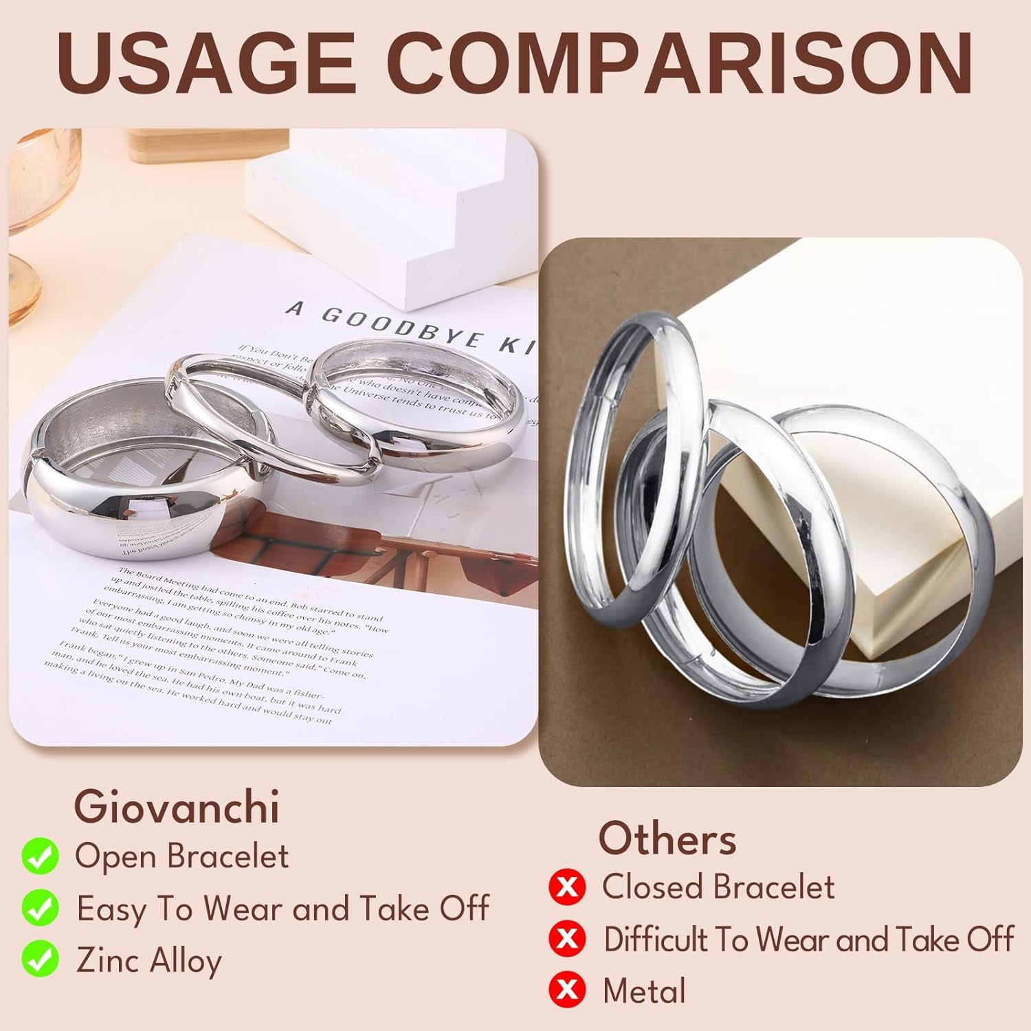 Giovanchi 3Pcs Chunky Bangle Bracelets for Women Trendy Stack Open Wide Wrist Cuff Bracelets Hinged Arm Cuff Bangles Fashion Gift Accessories - Image 2