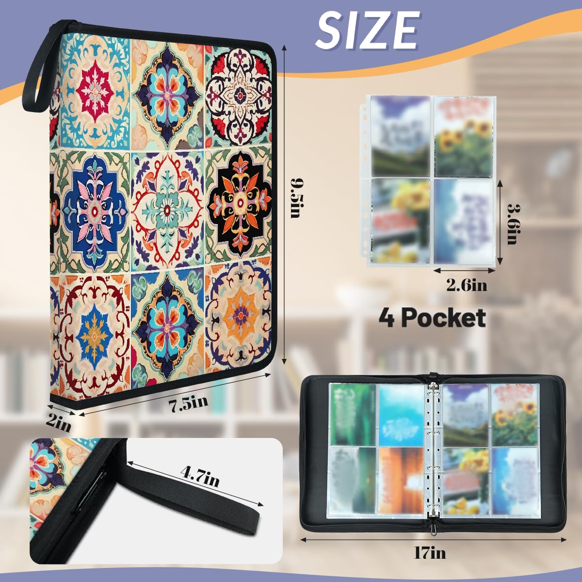 Raccoglitore per carte collezionabili con 4 tasche, stile messicano, piastrelle in ceramica, stile bohémien, damascato, con maniche rimovibili, impermeabile, con cerniera, 50 pagine, capacità 400